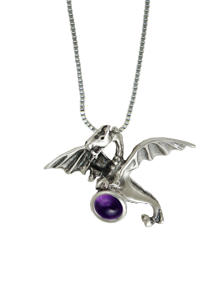 Sterling Silver Flying Dragon Pendant With Amethyst